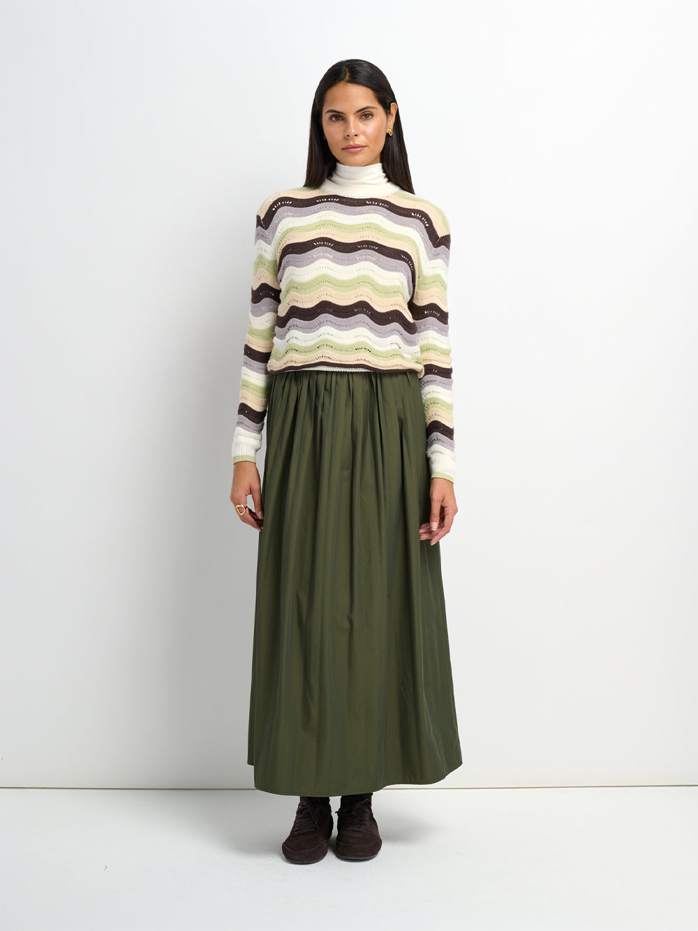 Crochet Stripe Sweater - Brown/Green/Cream
