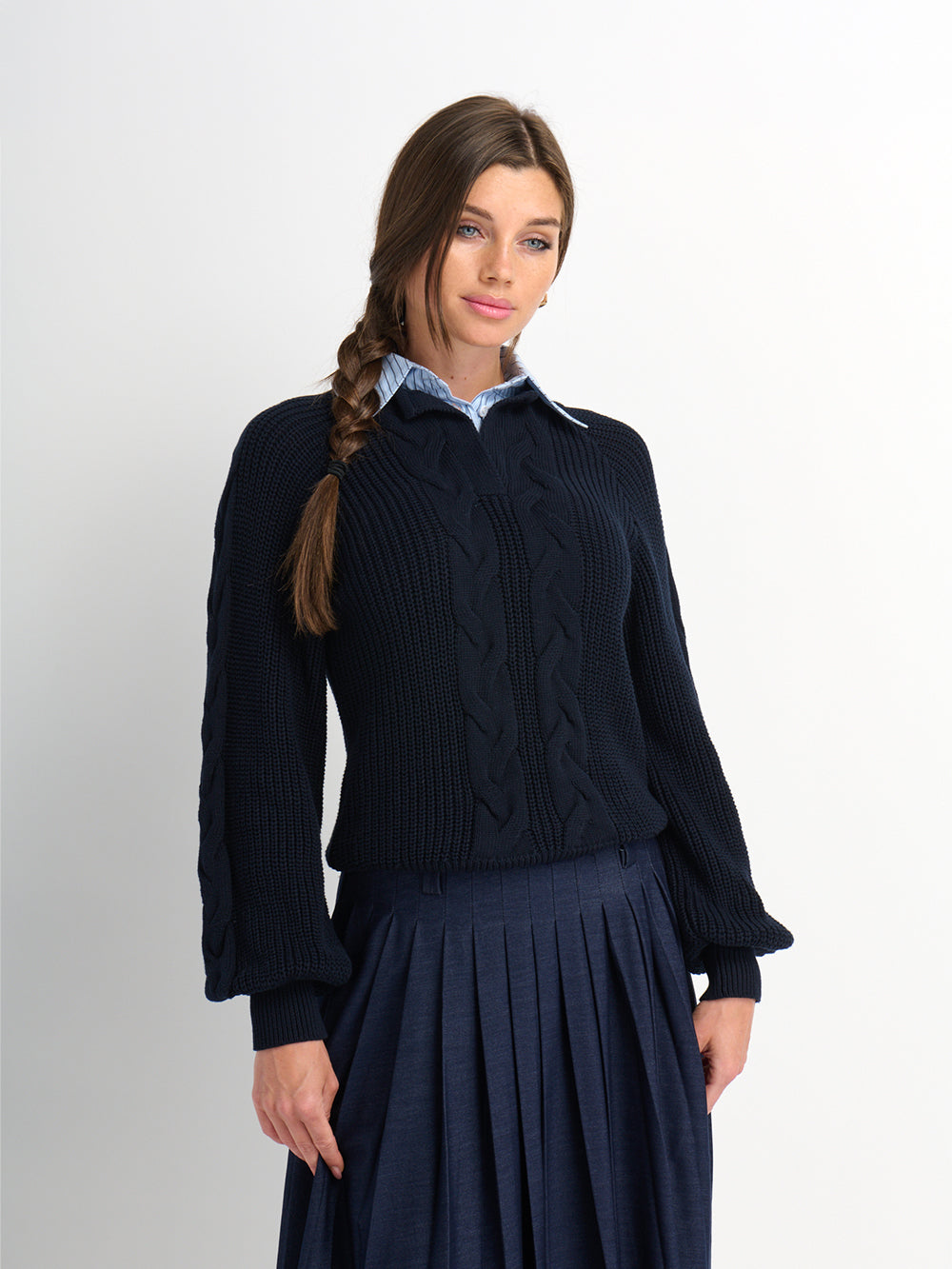 Shirt Collar Sweater - Navy/Light Blue Stripe