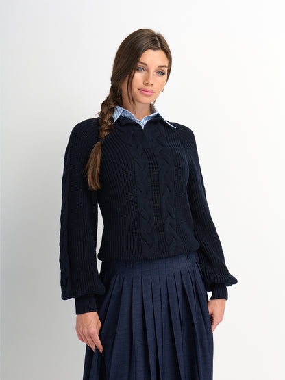 Shirt Collar Sweater - Navy/Light Blue Stripe