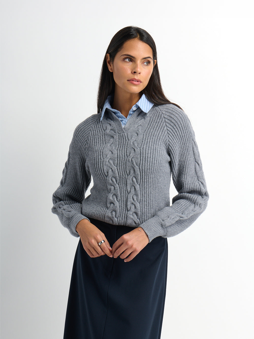 Shirt Collar Sweater - Grey/Light Blue Stripe