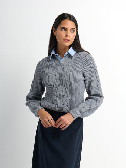 Shirt Collar Sweater - Grey/Light Blue Stripe