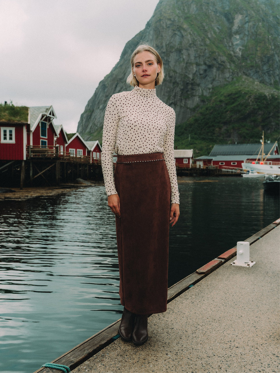 Faux Wrap Stud Skirt - Brown