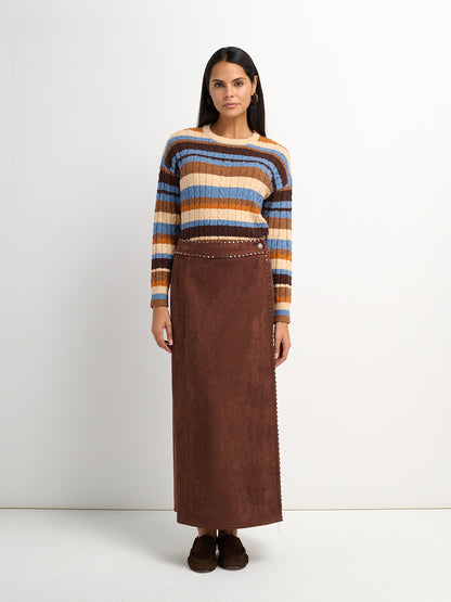 Faux Wrap Stud Skirt - Brown