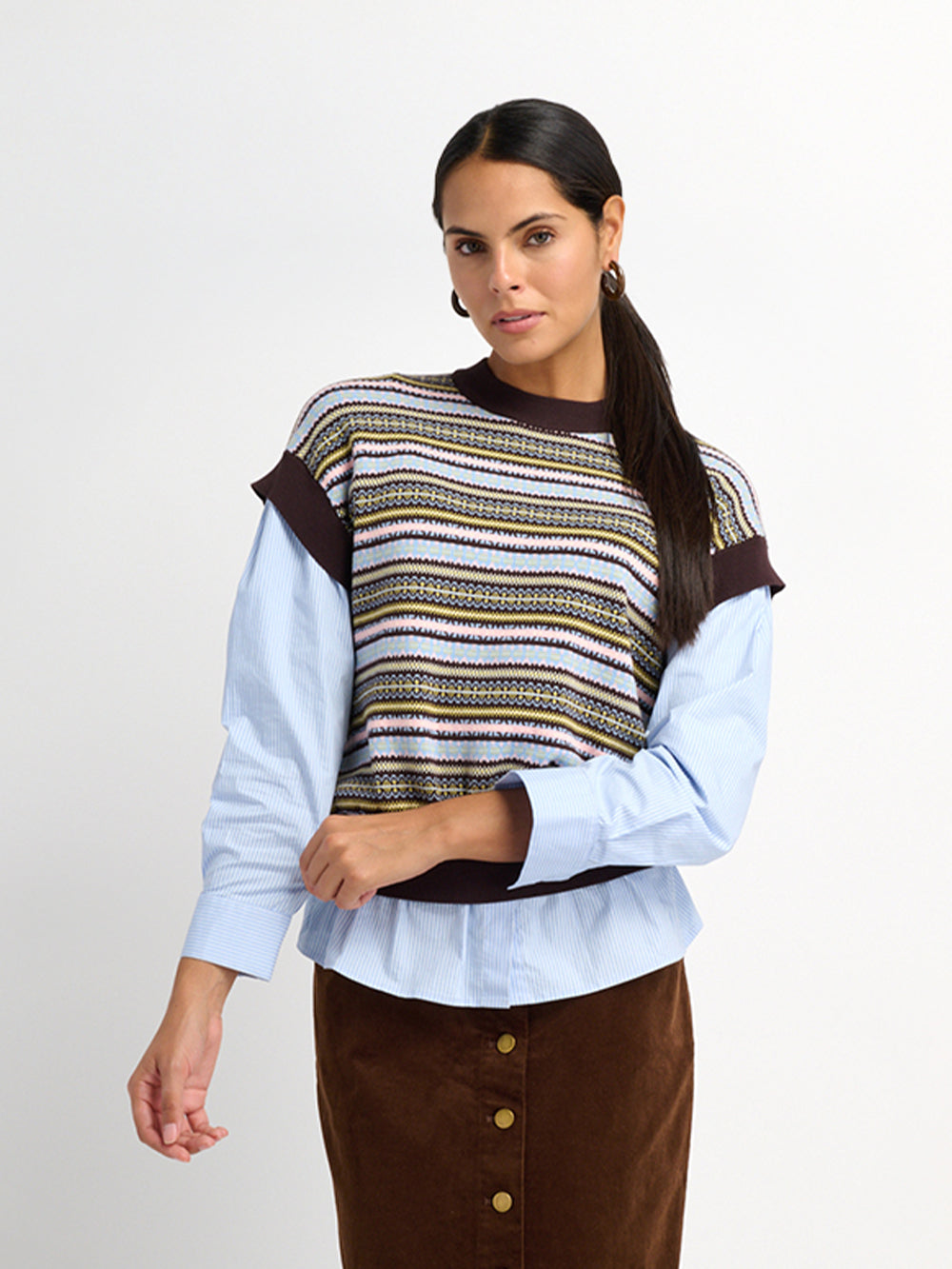 Striped Shirt Sleeve Sweater - Brown Stripe