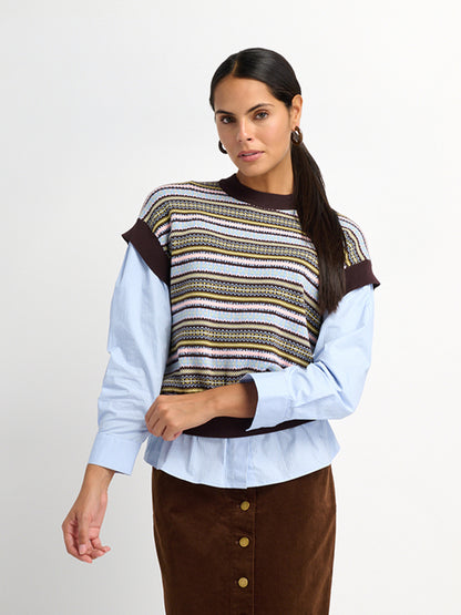 Striped Shirt Sleeve Sweater - Brown Stripe