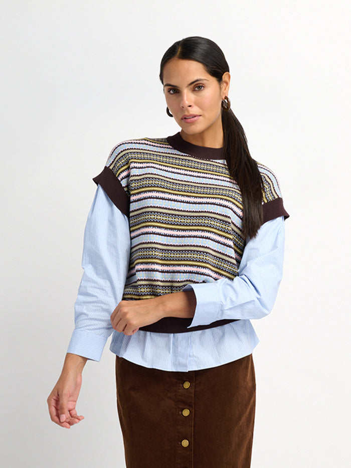 Striped Shirt Sleeve Sweater - Brown Stripe