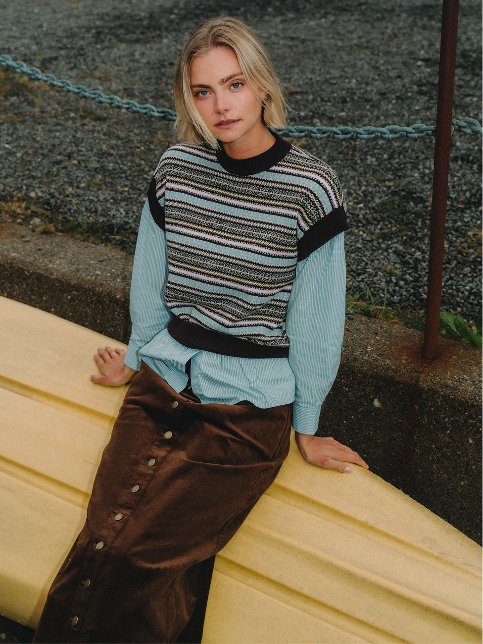 Striped Shirt Sleeve Sweater - Brown Stripe