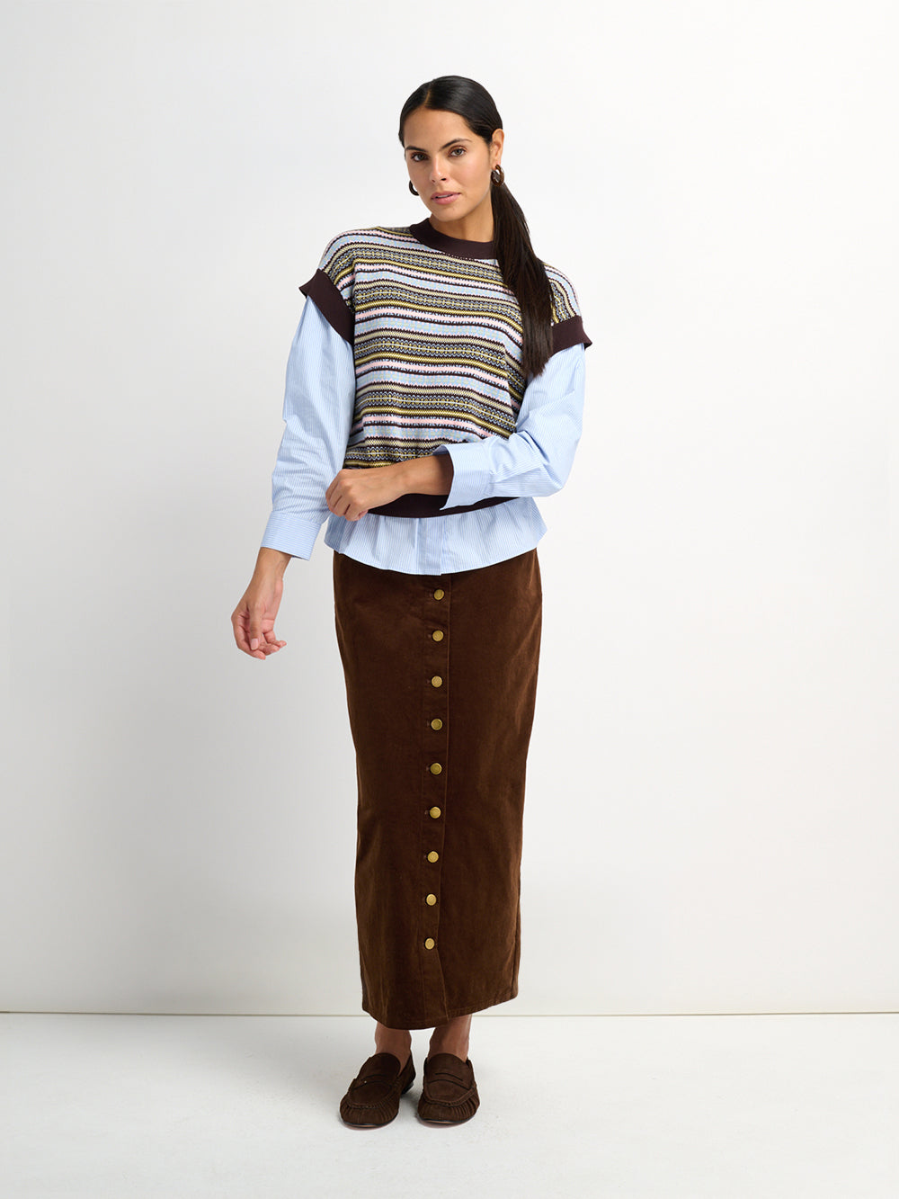 Striped Shirt Sleeve Sweater - Brown Stripe