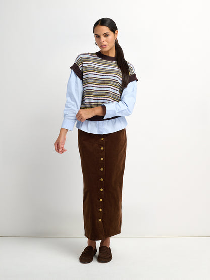Striped Shirt Sleeve Sweater - Brown Stripe