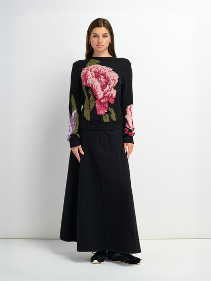Loose Knit Flower Sweater - Black/Pink