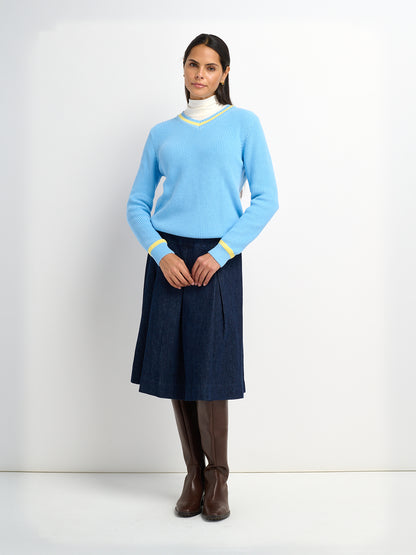 V Neck Varsity Sweater - Light Blue/Yellow