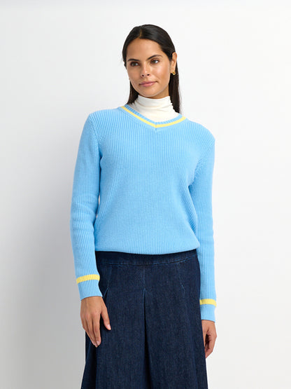 V Neck Varsity Sweater - Light Blue/Yellow