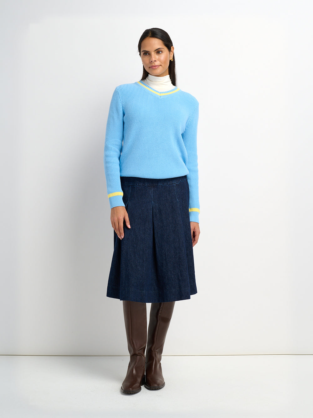 V Neck Varsity Sweater - Light Blue/Yellow