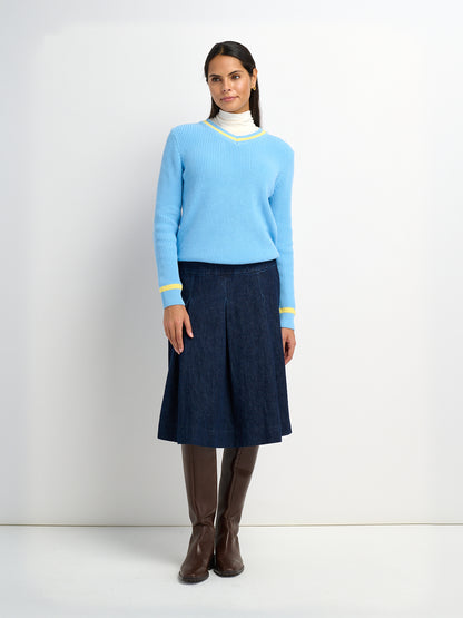 V Neck Varsity Sweater - Light Blue/Yellow