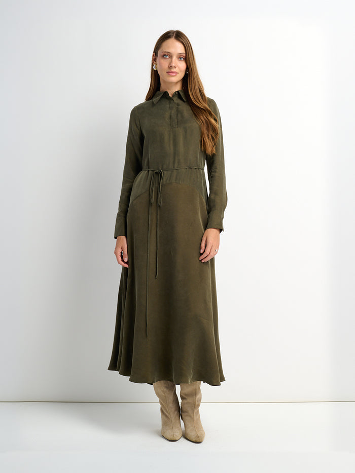 Cupro Drop Waist Maxi Dress - Olive