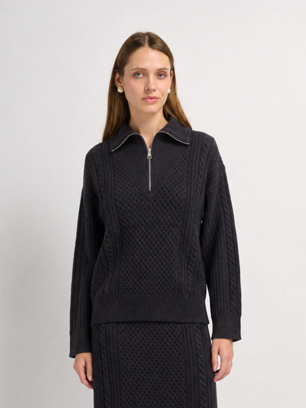 Half Zip Mixed Cable Sweater - Black