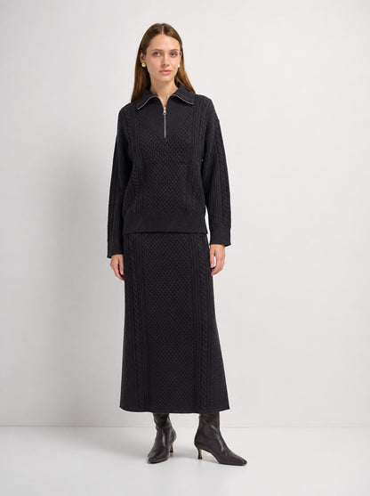 Mixed Cable Knit Skirt - Black