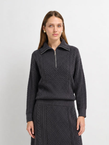 Half Zip Mixed Cable Sweater - Grey