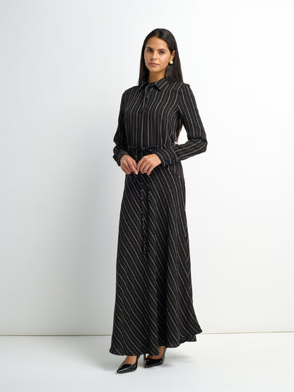 Drop Waist Maxi Dress - Black Pinstripe
