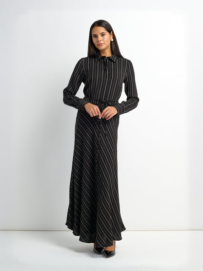 Drop Waist Maxi Dress - Black Pinstripe