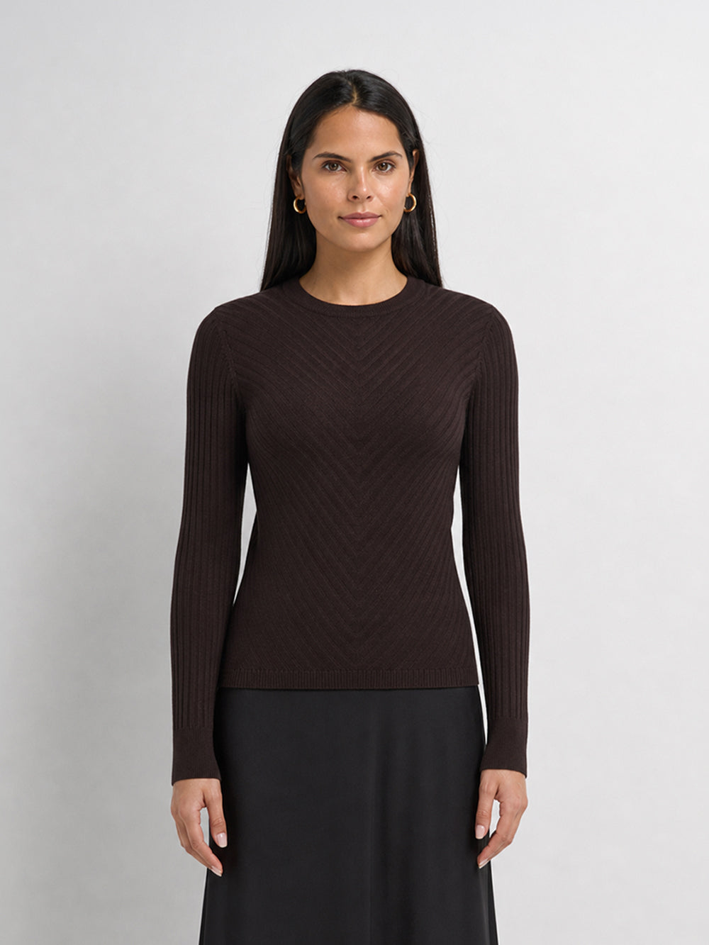 V Ribbed Sweater - Brown