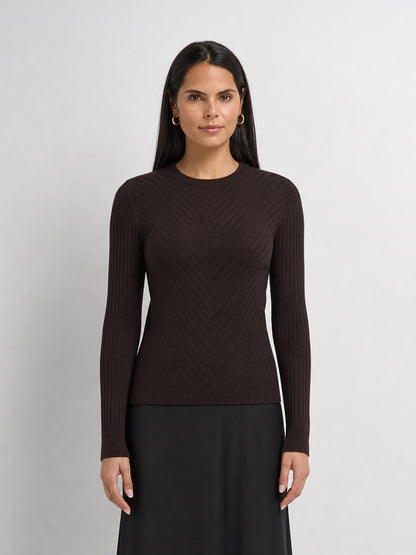 V Ribbed Sweater - Brown
