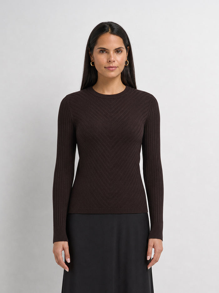 V Ribbed Sweater - Brown