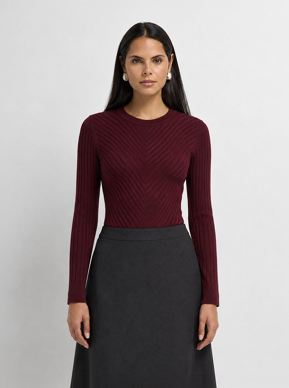 V Ribbed Sweater - Burgundy