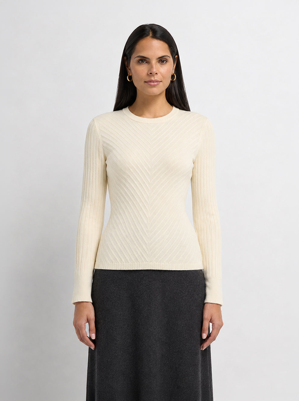 V Ribbed Sweater - Cream