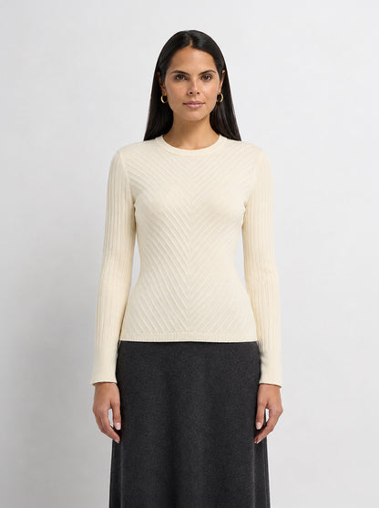 V Ribbed Sweater - Cream