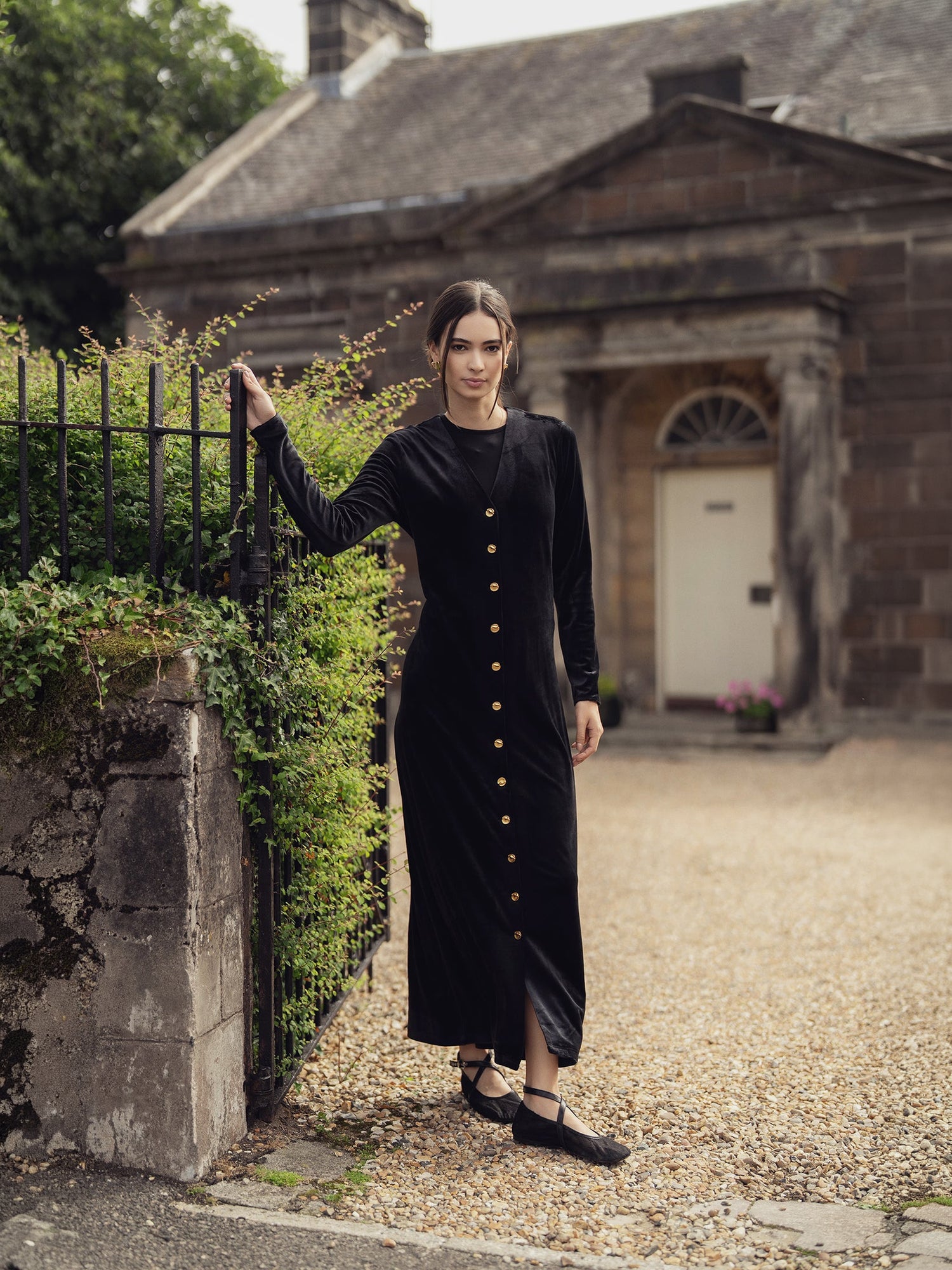 Velour Button Down Maxi Dress-Black