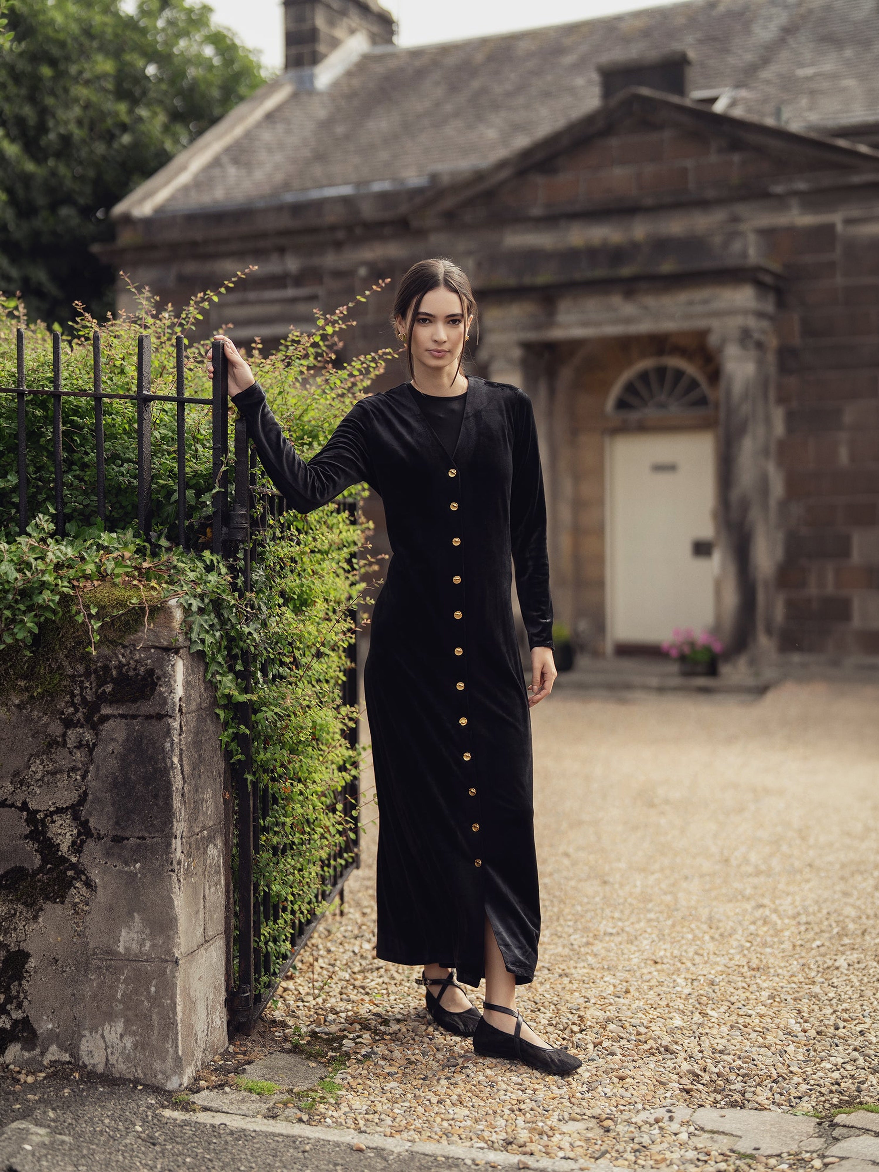 Velour Button Down Maxi Dress-Black
