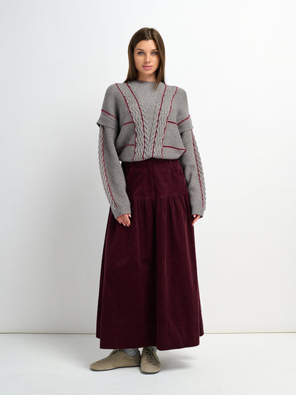 Mix Cable Striped Sweater - Grey/Burgundy