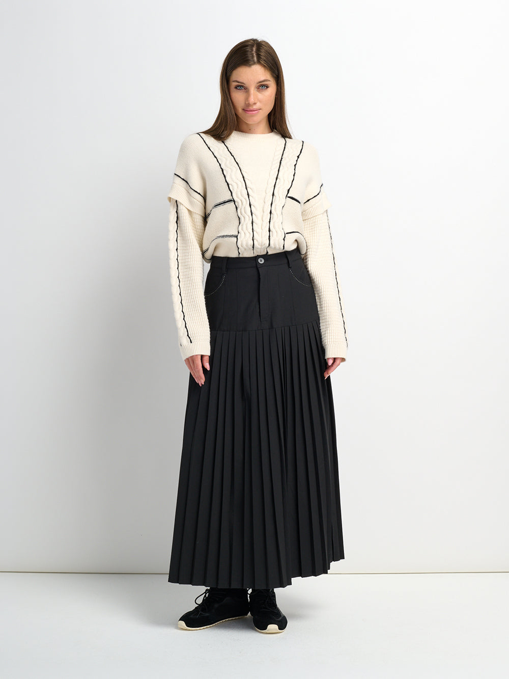 Mix Cable Striped Sweater - Cream/Black