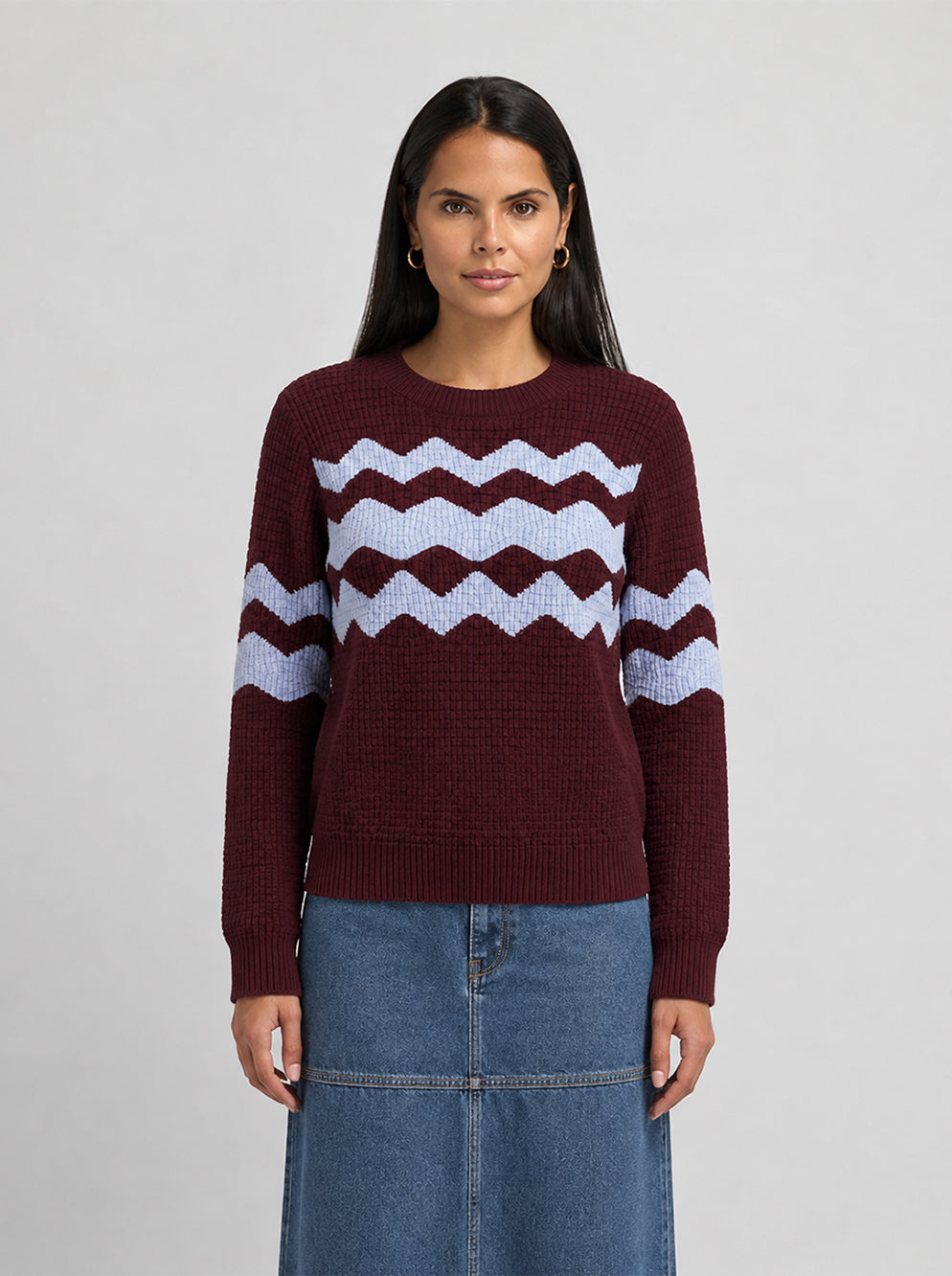 Waffle Designed Sweater - Burgundy/Light Blue