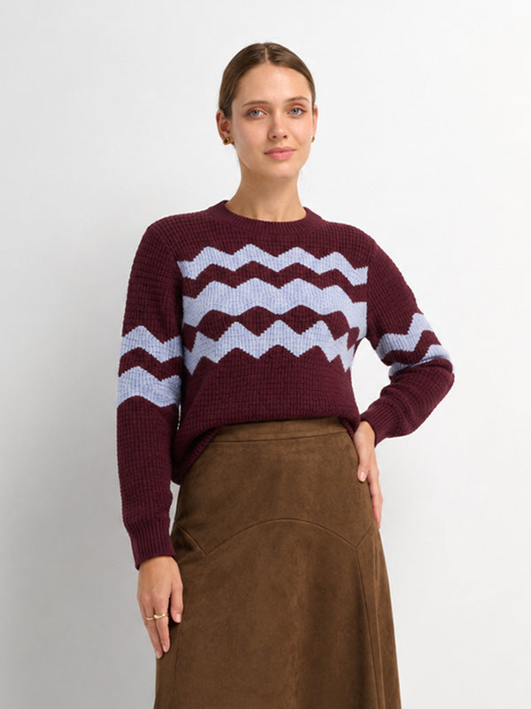 Waffle Designed Sweater - Burgundy/Light Blue