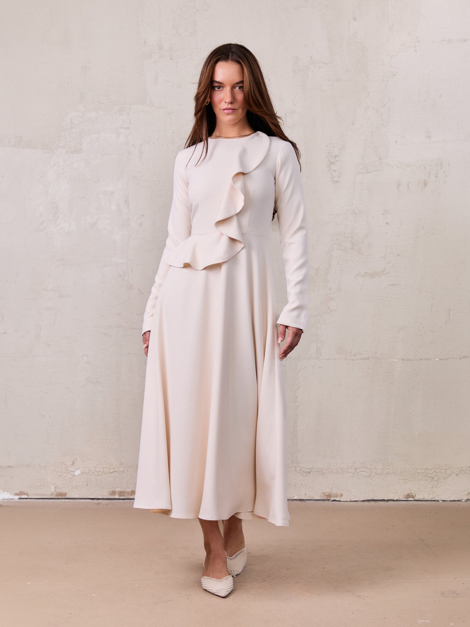 Waist Ruffle Dress-Cream