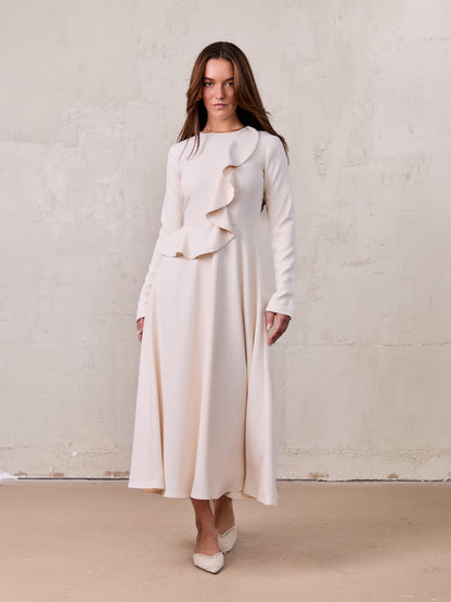 Waist Ruffle Dress-Cream