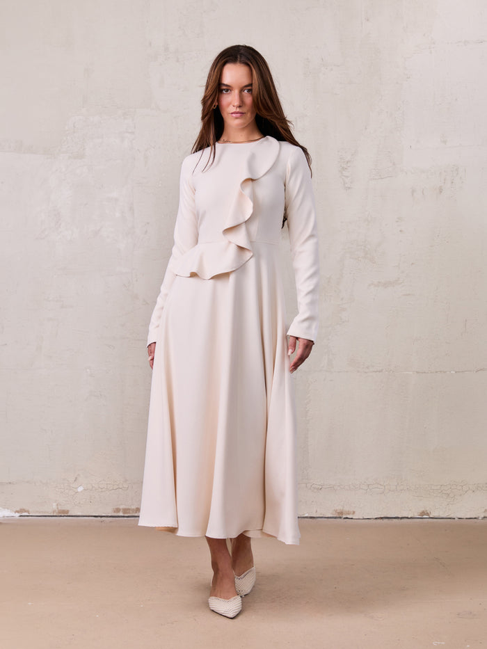 Waist Ruffle Dress-Cream