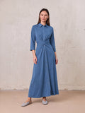 Waist Tie Button Down T-Shirt Dress-Blue Dusk