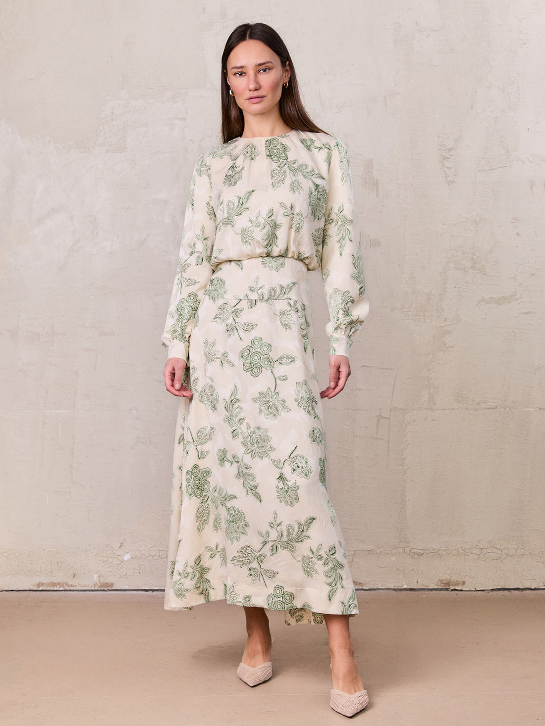 Waist Yoke Dress-Green Sketch Flower