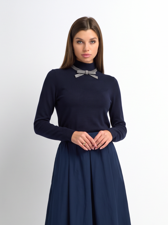 Rhinestone Neck Sweater - Navy