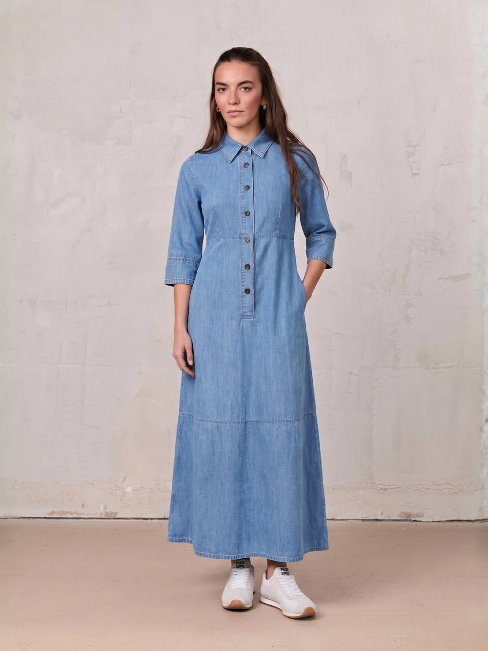 Waisted Lightweight Denim Dress-Blue