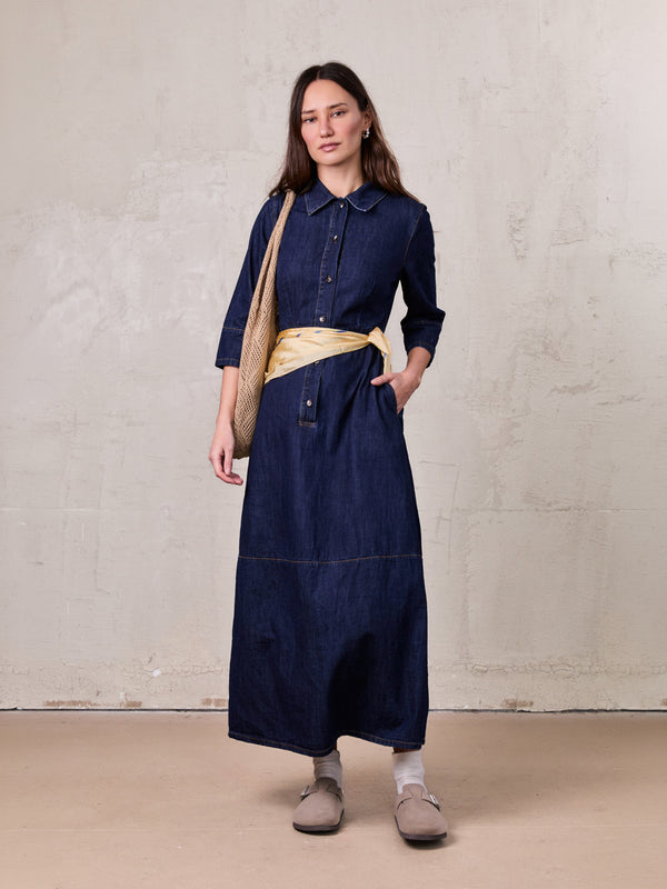 Waisted Lightweight Denim Dress-Dark Blue
