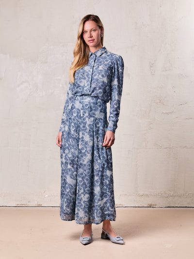 Waisted Pocket Pleat Skirt-Soft Blue Floral
