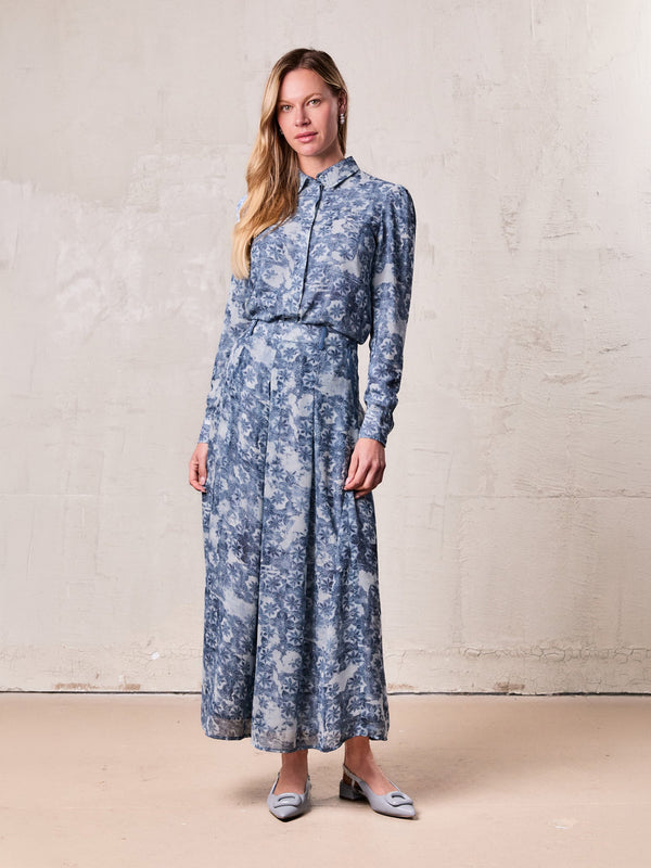 Waisted Pocket Pleat Skirt-Soft Blue Floral