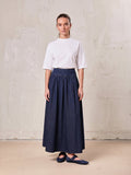 Washed Curved Yoke Denim Skirt-Dark Blue