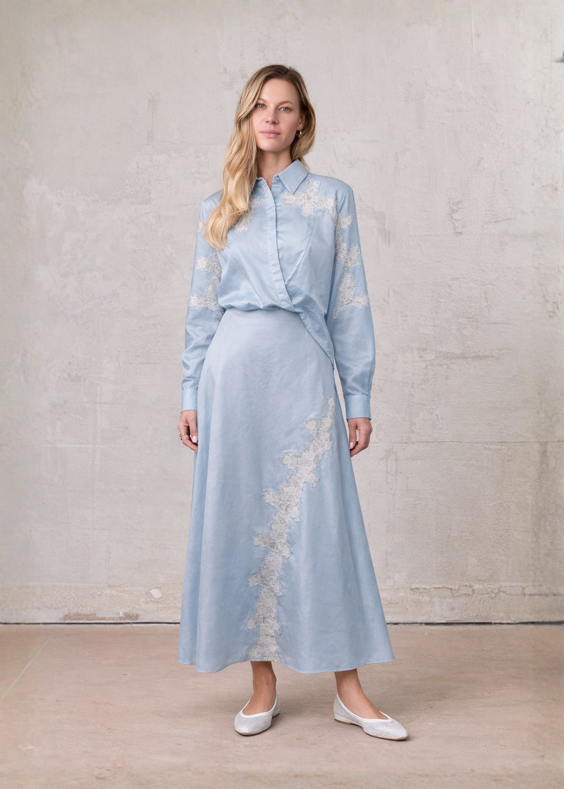 Lace Cutout Skirt-Light Blue