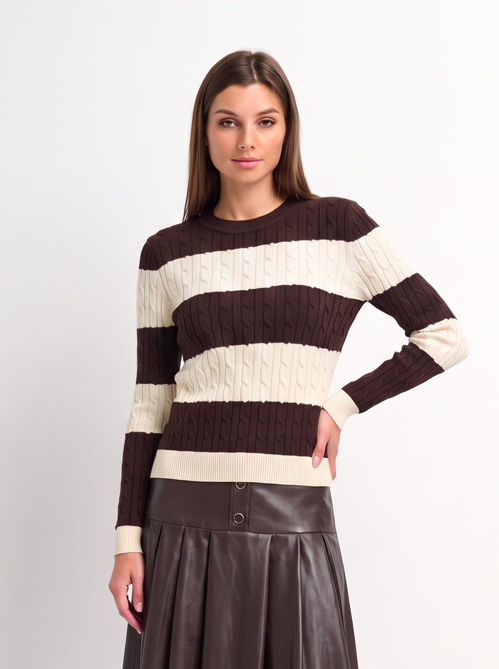 Wide Stripe Cable Knit Sweater - Cream/Brown