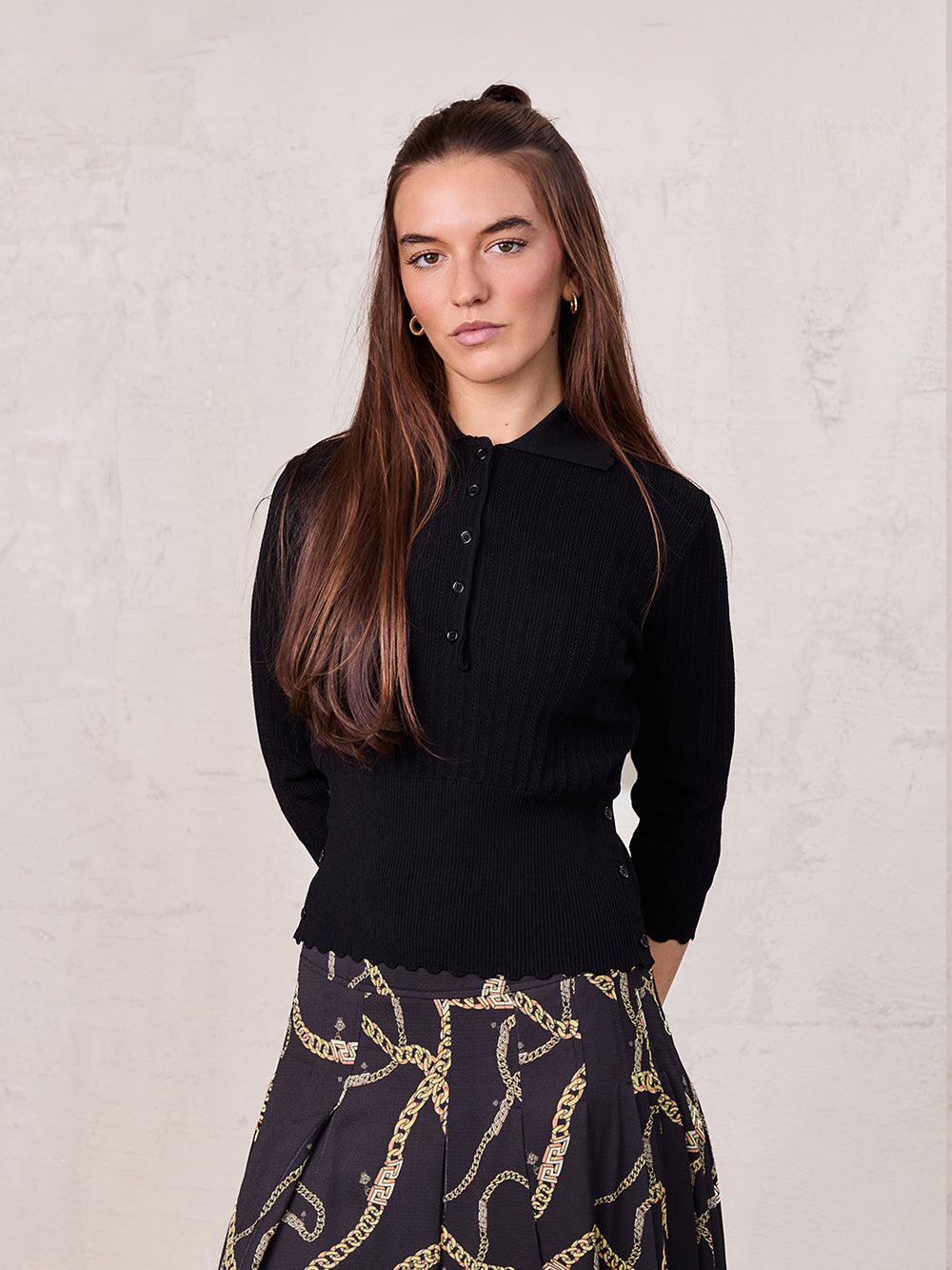 Wide Band Pointelle Sweater-Black